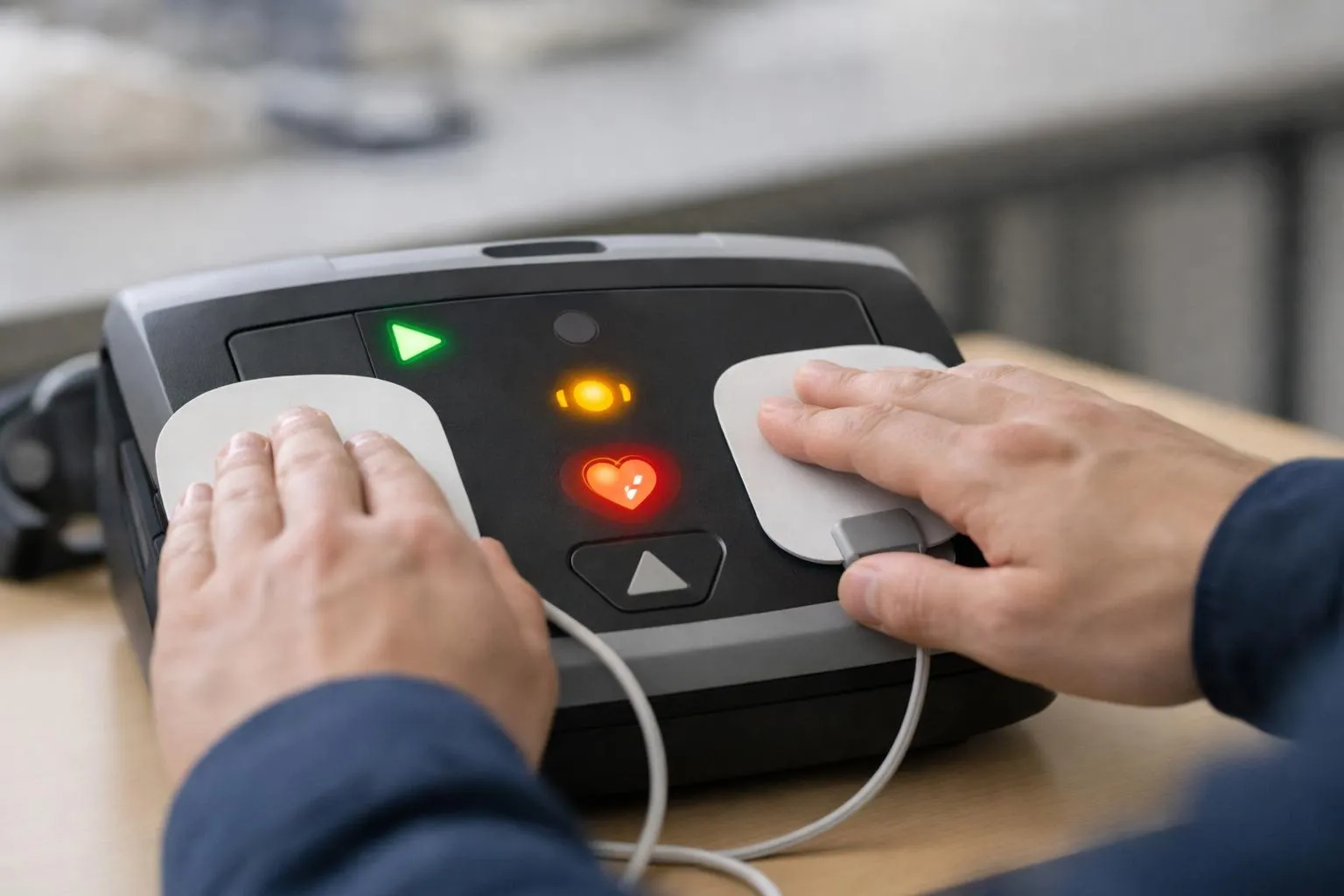 Défibrillateur externe automatisé moderne ouvert montrant les électrodes et le panneau de contrôle avec indicateurs LED dans un poste de secours professionnel.