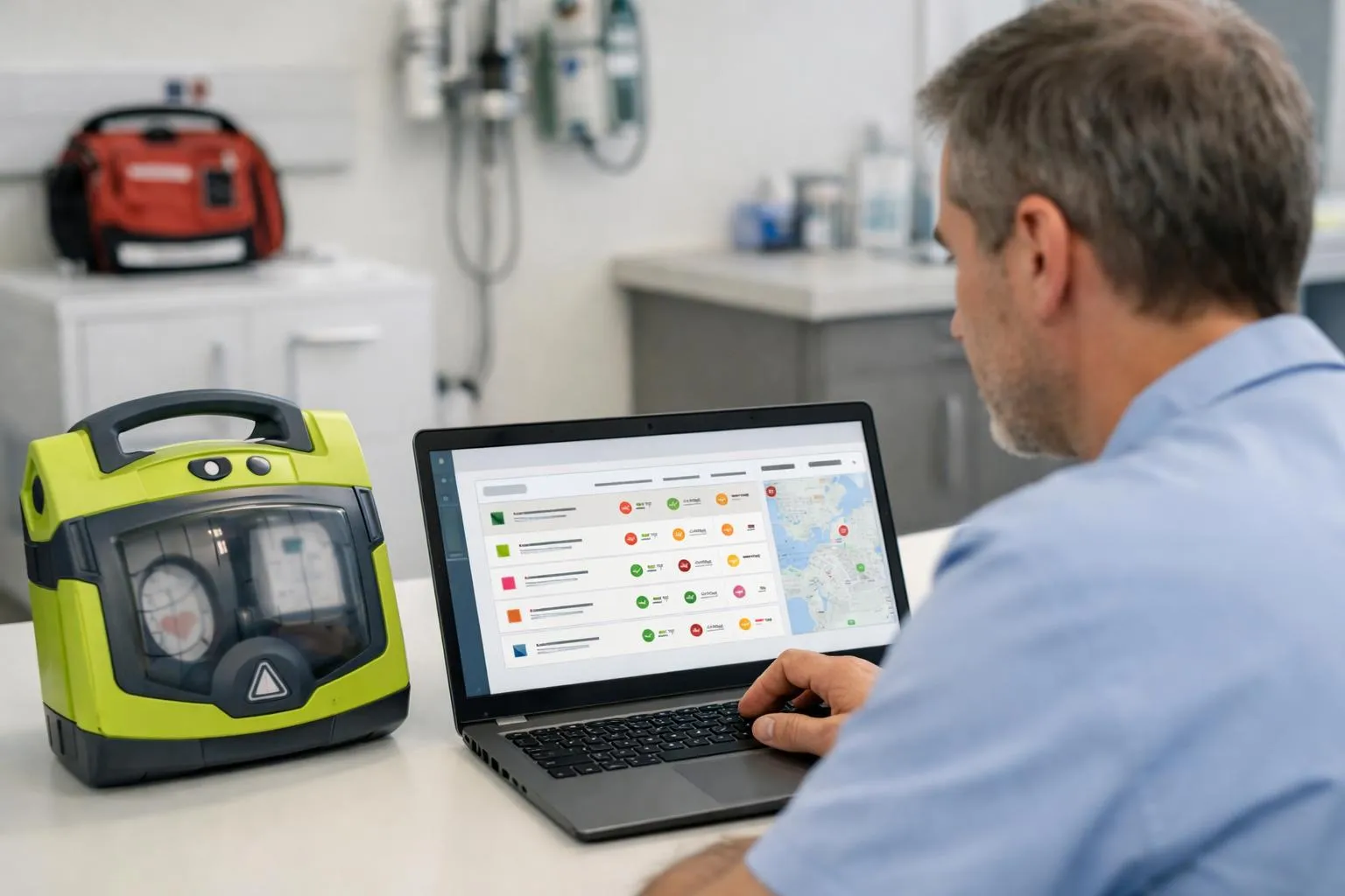 Homme utilisant un ordinateur portable pour surveiller un défibrillateur dans un environnement médical.