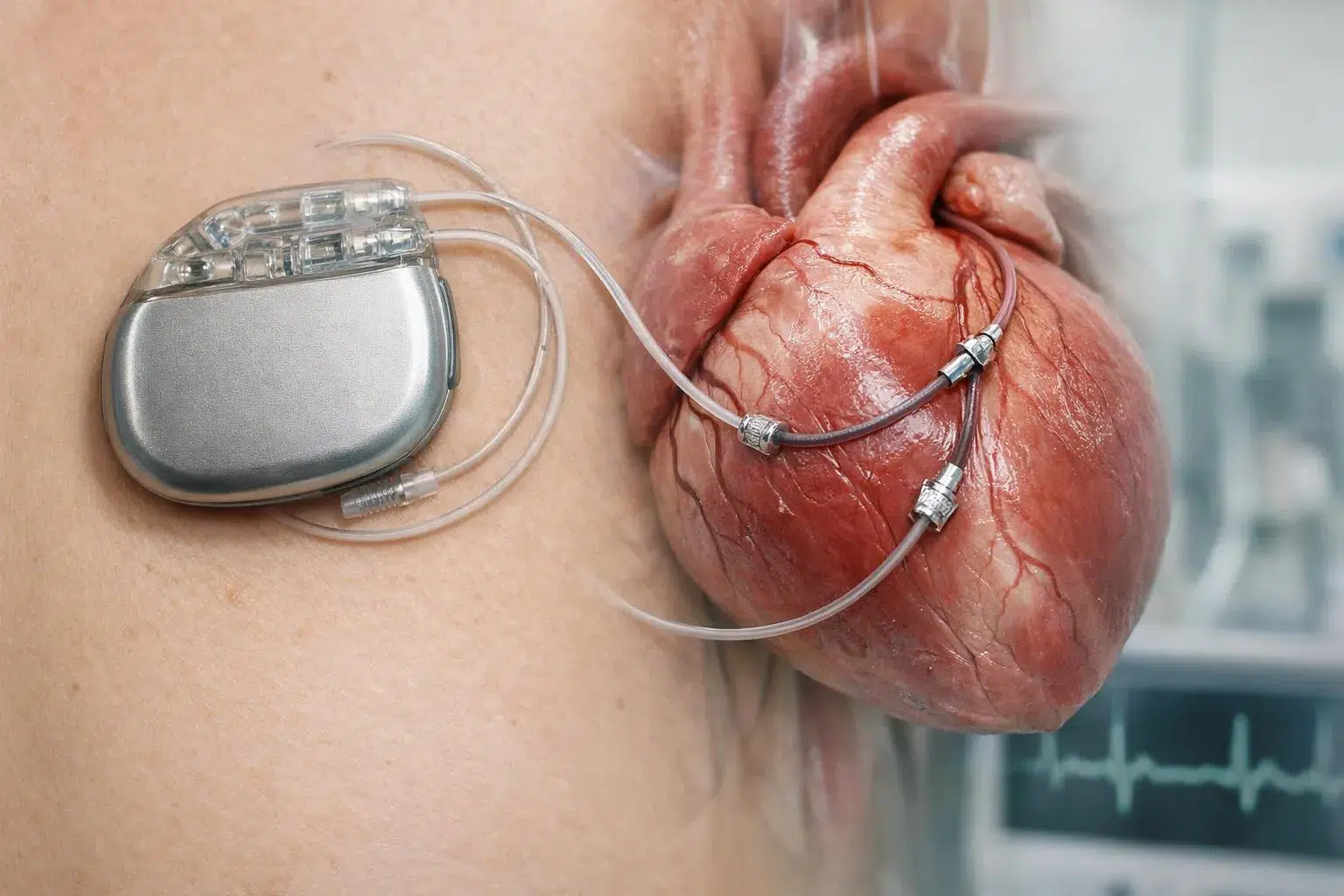 Cœur humain avec un stimulateur cardiaque et des câbles.