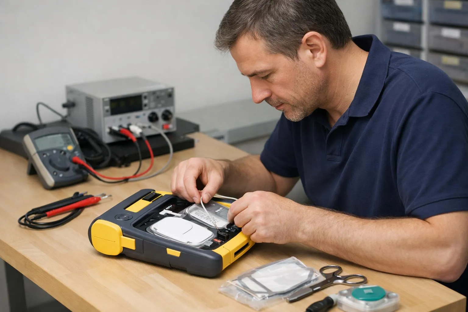 Un technicien répare un disque dur dans un laboratoire informatique.