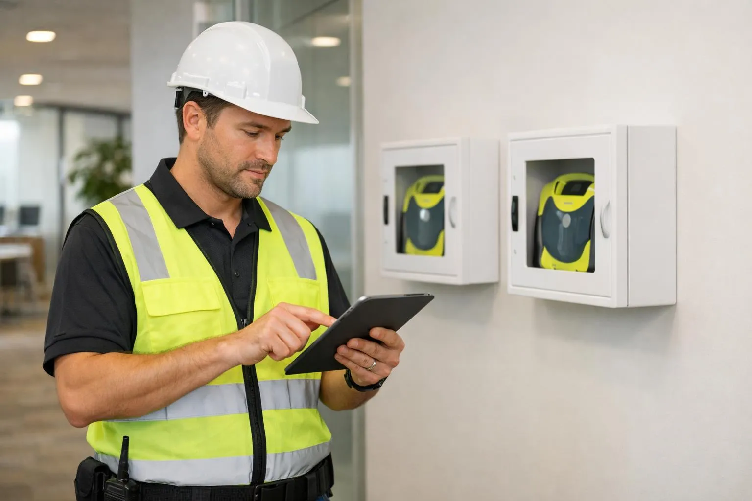 Ouvrier en unifique de sécurité utilisant une tablette numérique sur un chantier.