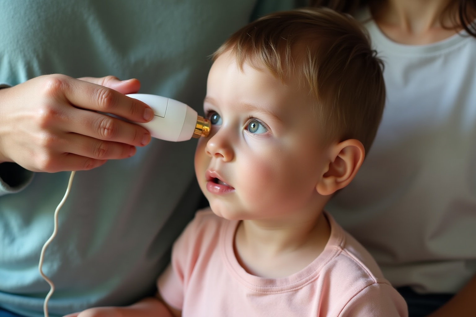 Jeune enfant ayant la température prise avec un thermomètre frontal.