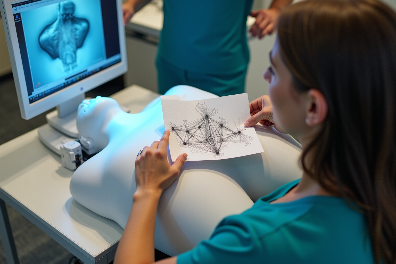 Examen médical avec radiographie et schéma anatomique.