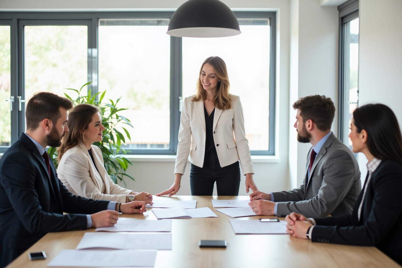 Réunion d'affaires avec professionnels dans un bureau moderne.
