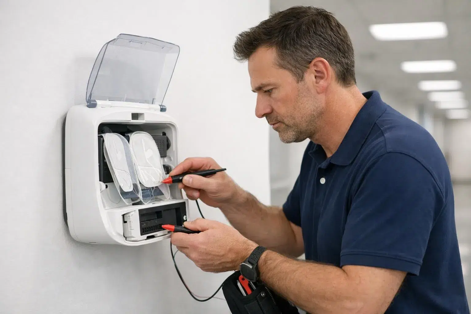Un homme répare un appareil électronique dans un bureau.