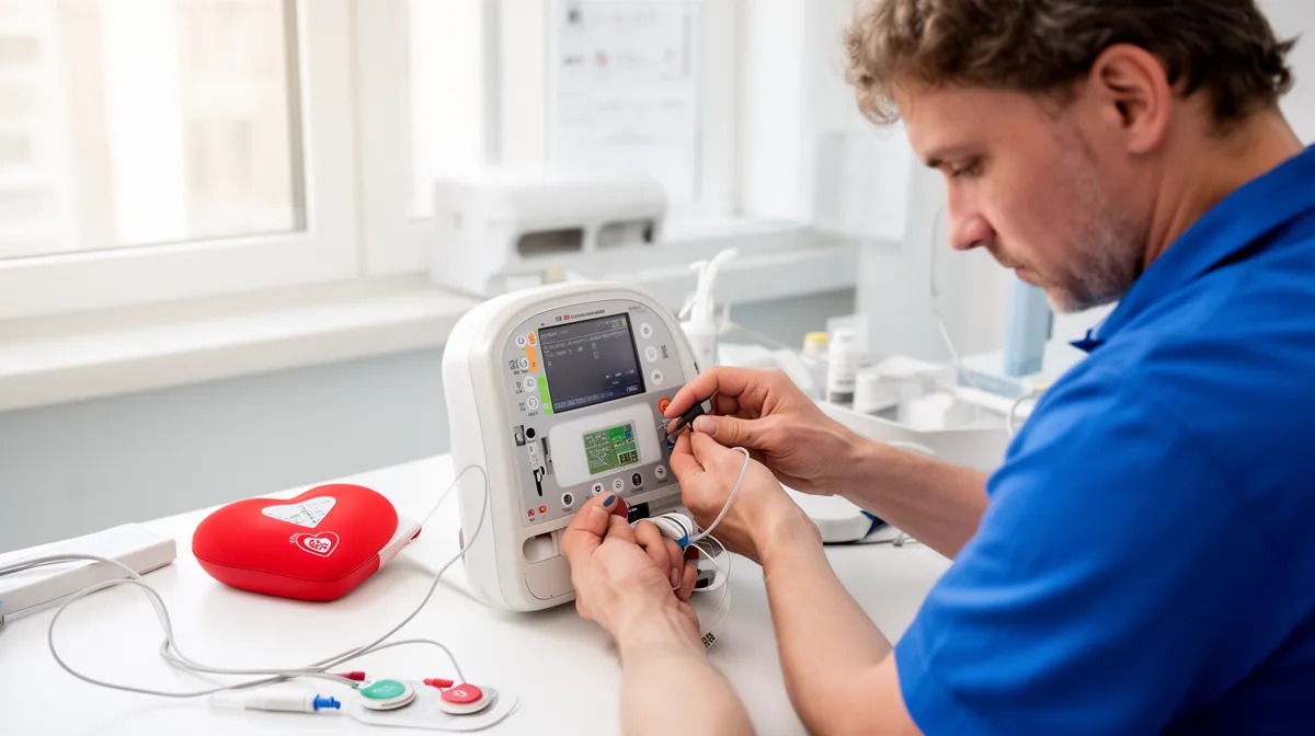 Médecin examinant un défibrillateur portable dans un cabinet médical.
