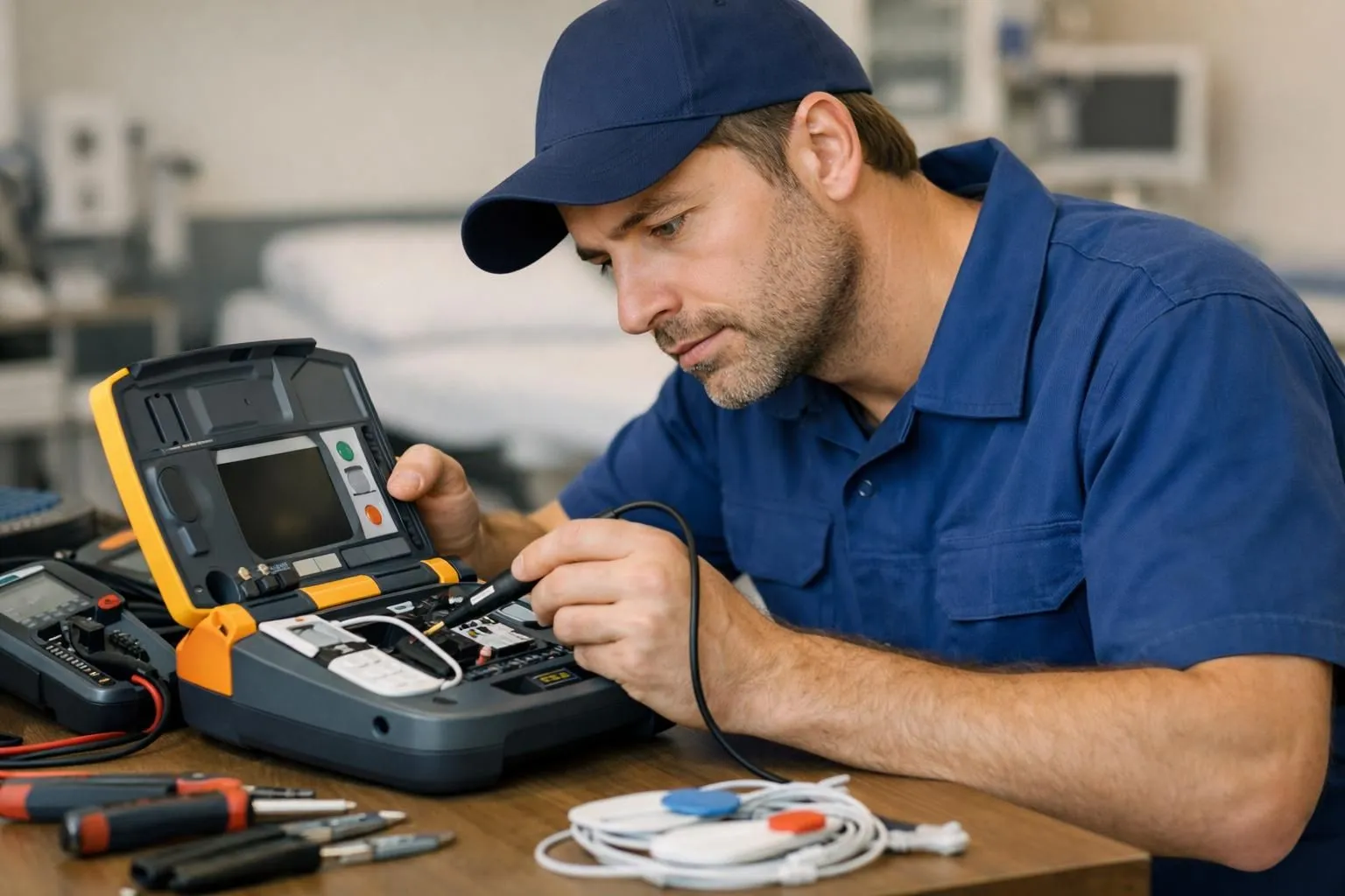 Un technicien professionnel en uniforme bleu examine un défibrillateur externe automatique sur une table de maintenance dans un cadre médical moderne, effectuant des vérifications d'entretien avec des outils de diagnostic visibles.