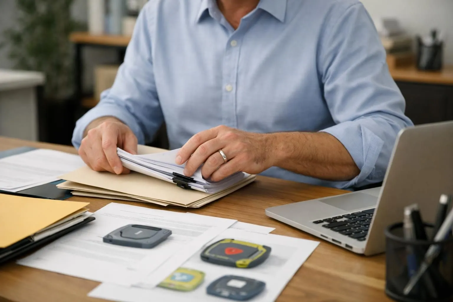 Propriétaire d'entreprise organisant des documents administratifs et des devis de défibrillateur sur un bureau de bureau avec un ordinateur portable, cadre professionnel avec formulaires et dossiers, environnement de bureau réaliste.