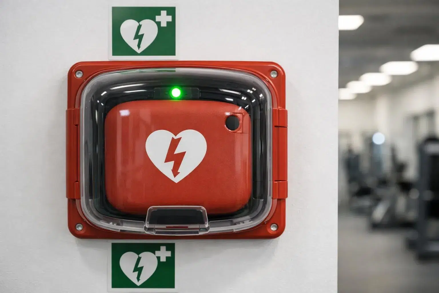 Défibrillateur automatique externe moderne fixé sur mur blanc d'une salle de sport, boîtier rouge vif avec signalétique réglementaire verte et blanche clairement visible, éclairage LED indiquant son état opérationnel, environnement propre et professionnel avec équipements fitness en arrière-plan flou