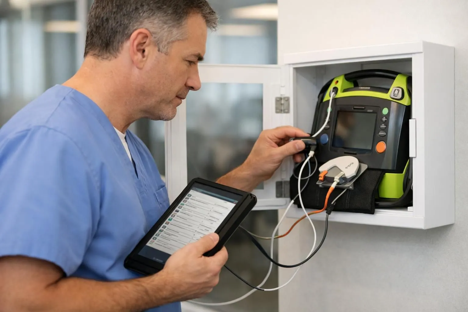 Un technicien professionnel en uniforme de santé effectue une inspection d'entretien détaillée d'un défibrillateur externe automatisé monté au mur dans un bâtiment de bureau moderne, à l'aide d'un simulateur de rythme cardiaque connecté à l'AED, avec une tablette