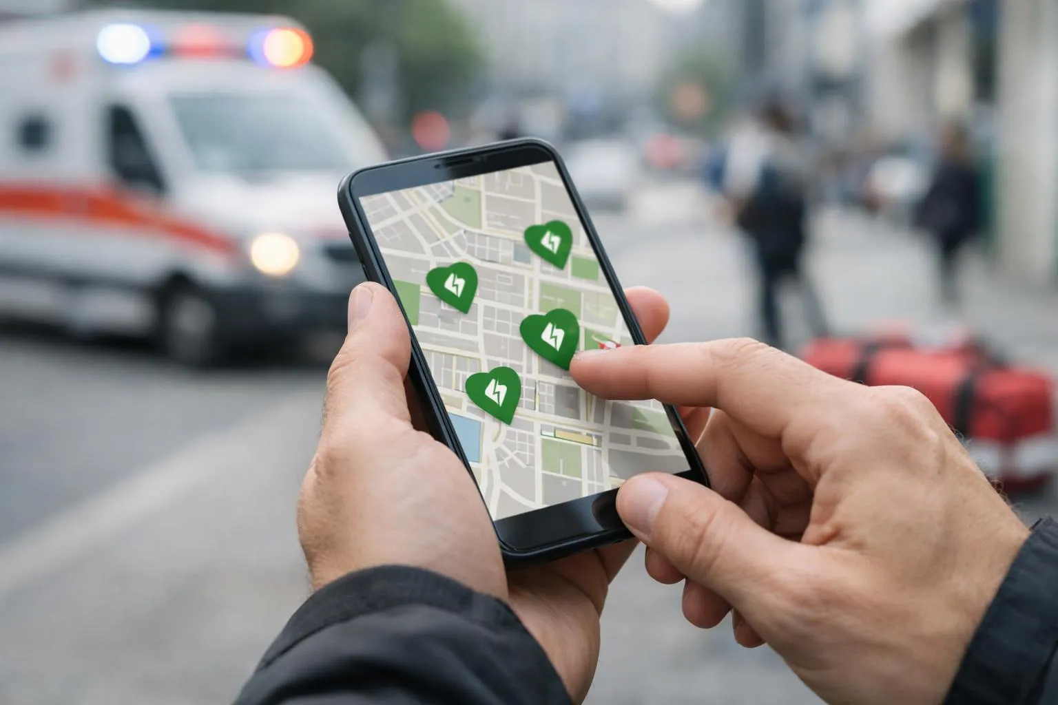 Une personne dans un cadre urbain vérifie son smartphone avec une interface cartographique montrant les emplacements des défibrillateurs, tandis qu'une autre personne pratique des compressions thoraciques sur une victime inconsciente au sol. Scène de secours d'urgence avec un éclairage réaliste et une