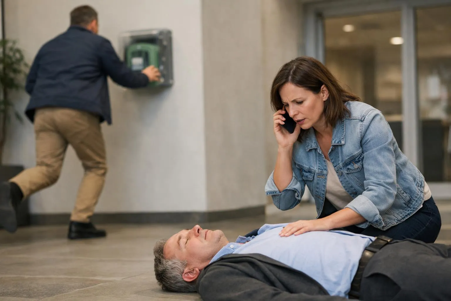Une personne appelle les secours avec urgence sur son smartphone, agenouillée près d'une victime inconsciente au sol, un autre témoin court vers un défibrillateur mural avec un panneau vert.