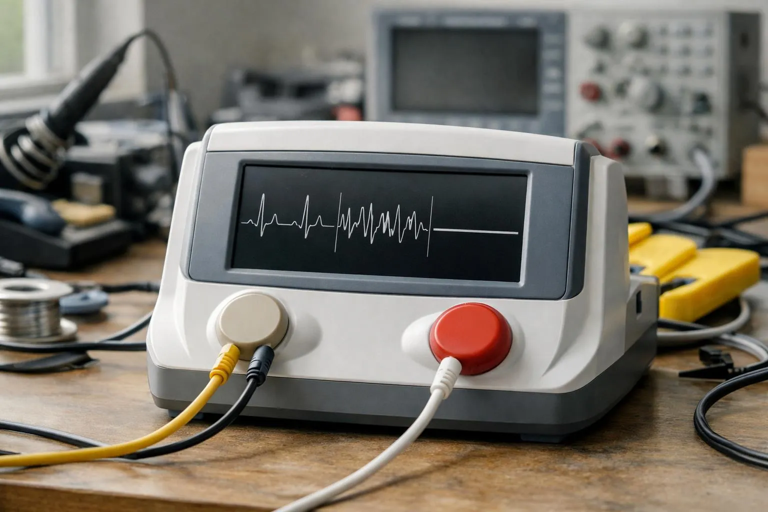 Technicien professionnel utilisant un simulateur cardiaque pour tester un défibrillateur automatisé externe, écran affichant plusieurs rythmes cardiaques incluant fibrillation ventriculaire et asystolie, environnement technique d'atelier de maintenance avec outils électroniques spécialisés, éclairage naturel, scène réaliste sans texte ni logos