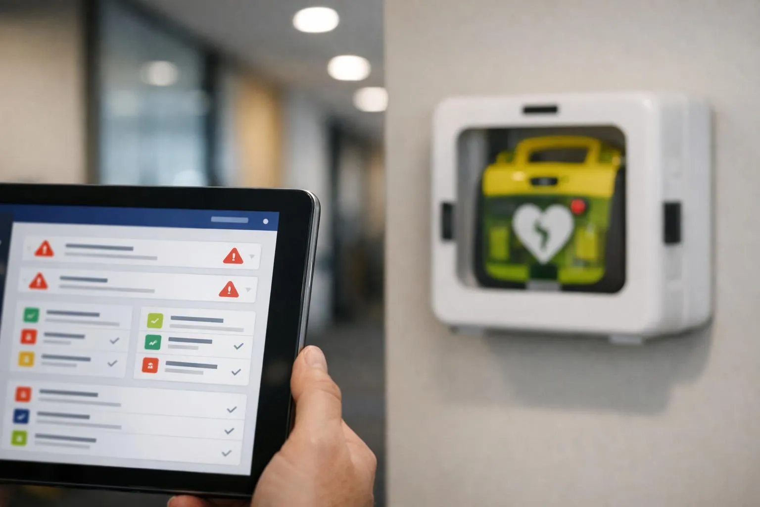 Tablette affichant un tableau de bord avec des icônes, défibrillateur automatique externe visible à l'arrière-plan.