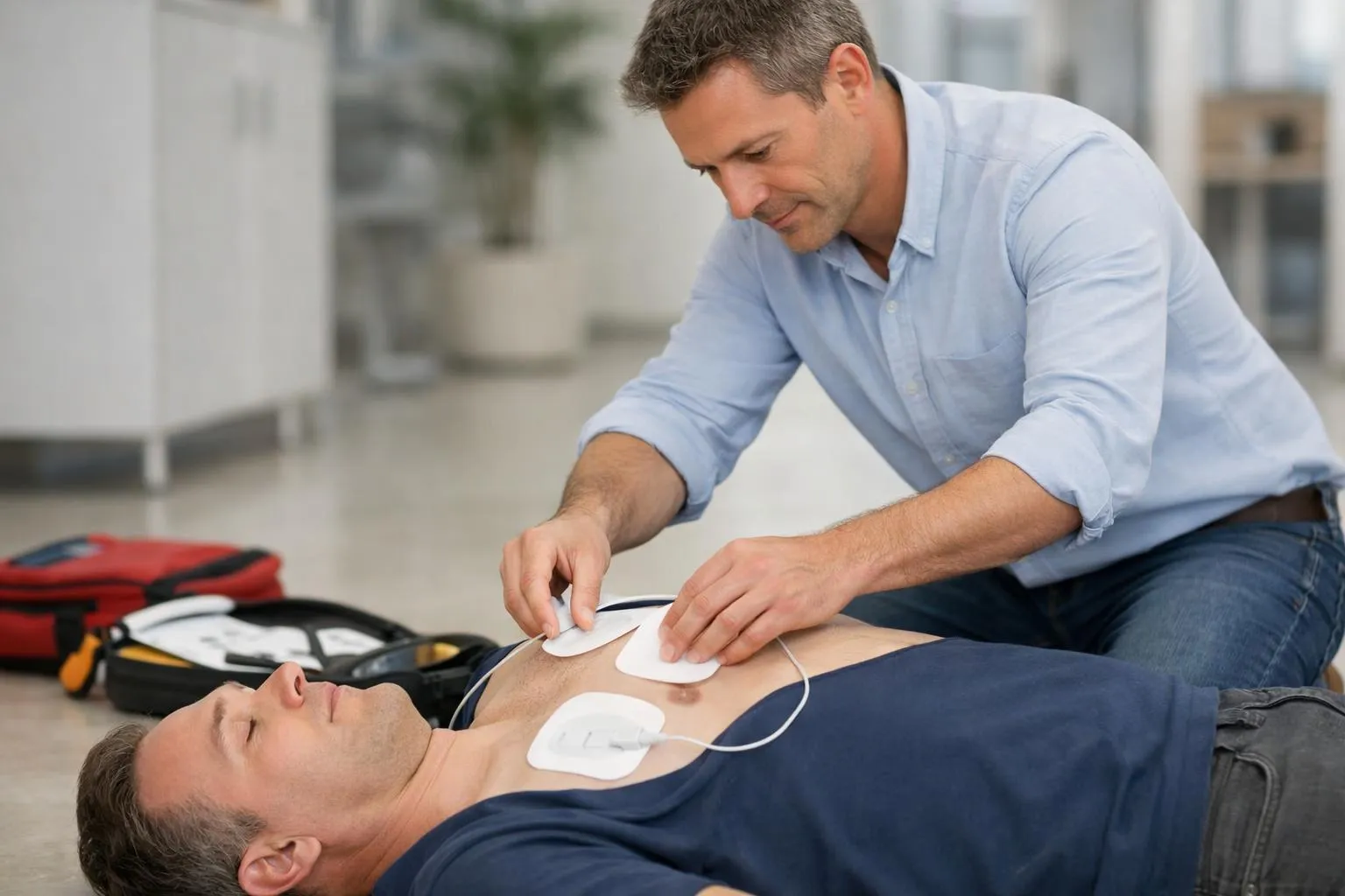 Homme en chemise bleue appliquant des électrodes sur la poitrine d'un homme allongé.