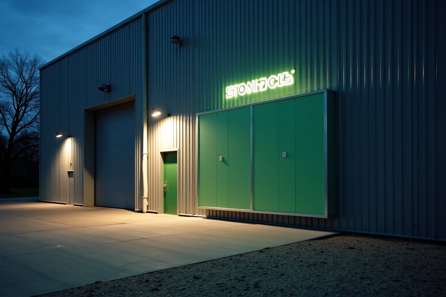 Entrepôt industriel vert éclairé la nuit.
