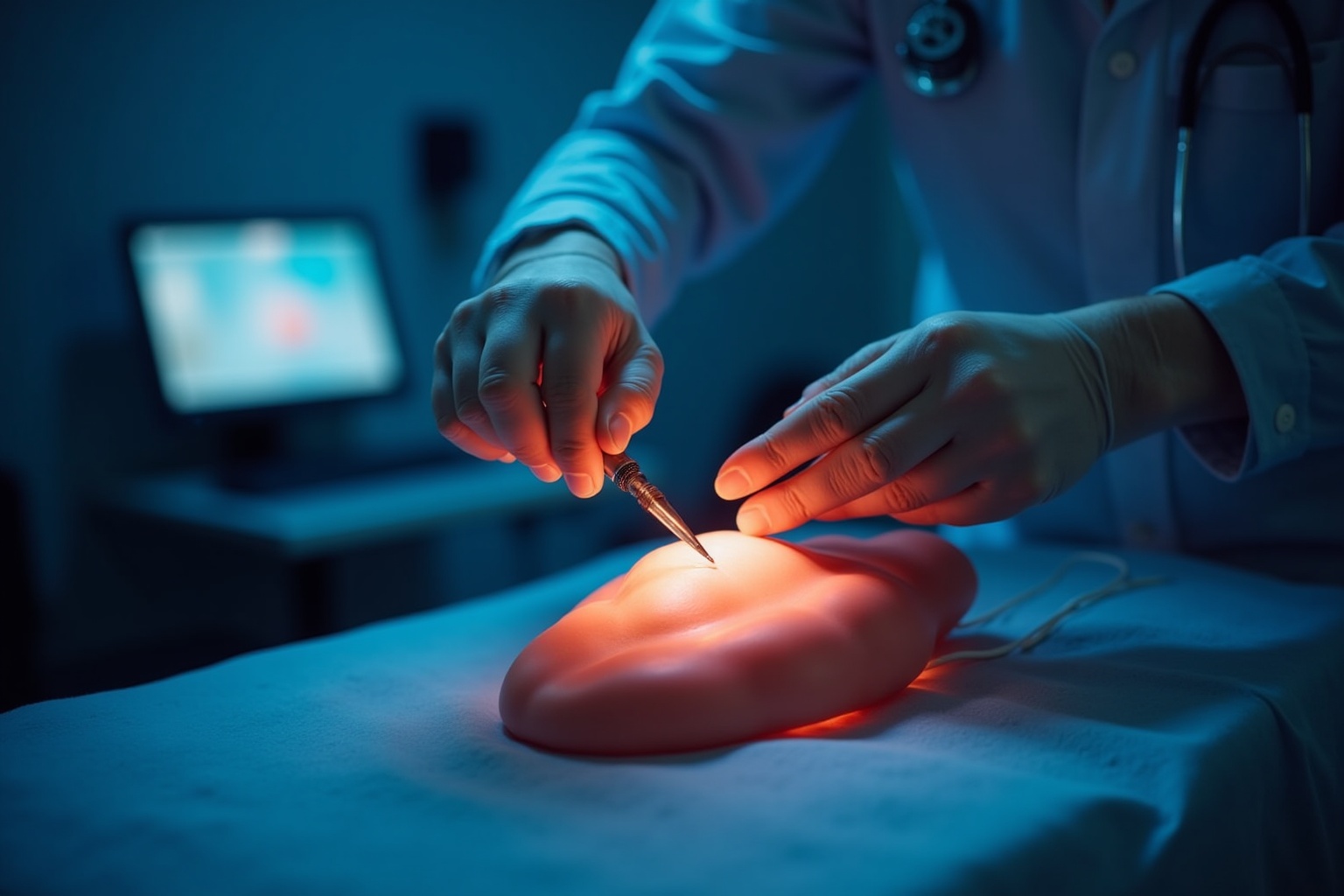 Mains de médecin effectuant une procédure chirurgicale dans un environnement médical.