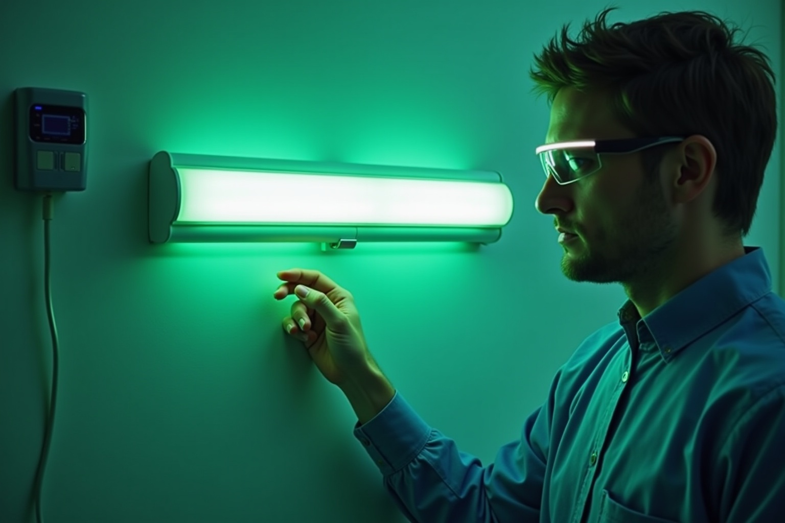 Homme en blouse blanche examinant un appareil médical lumineux vert.