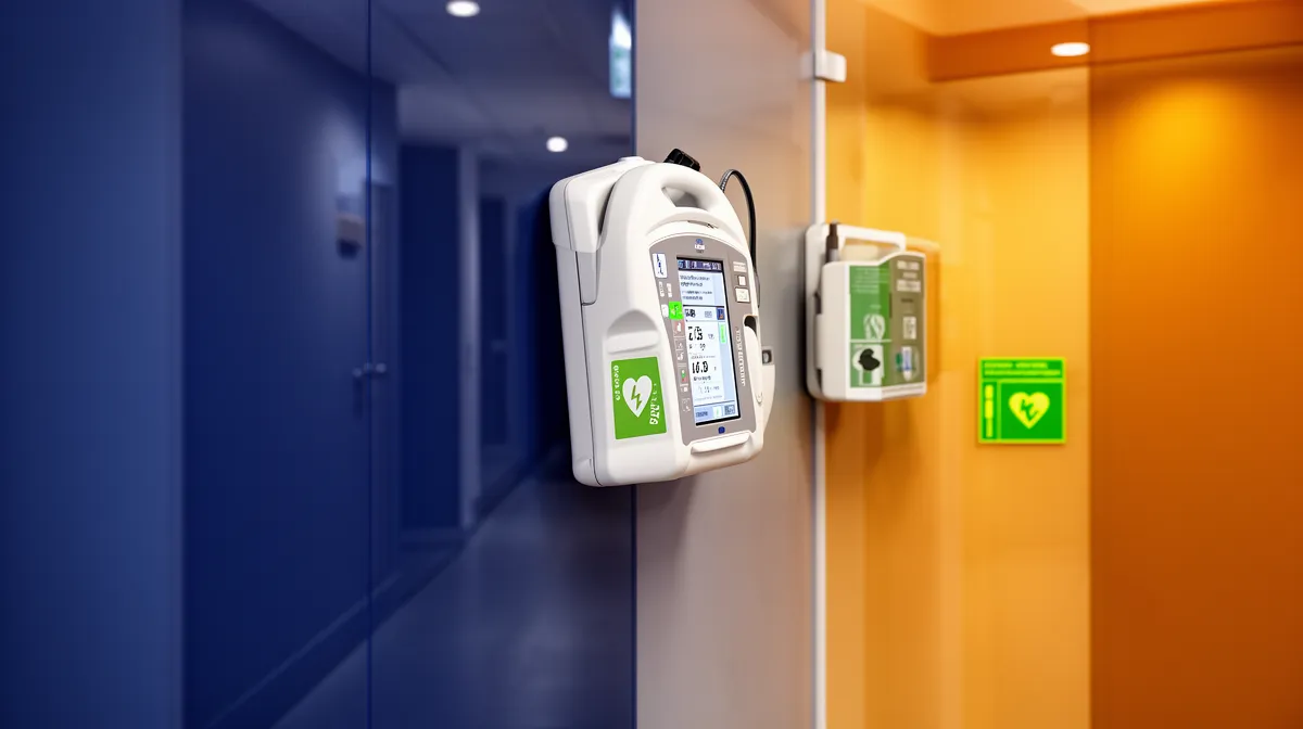 Défibrillateur automatique externe dans un couloir médical.