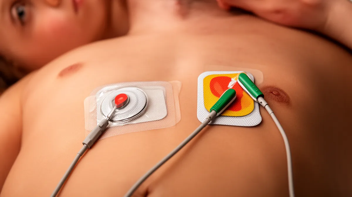 Électrodes médicales appliquées sur le corps d'une personne.