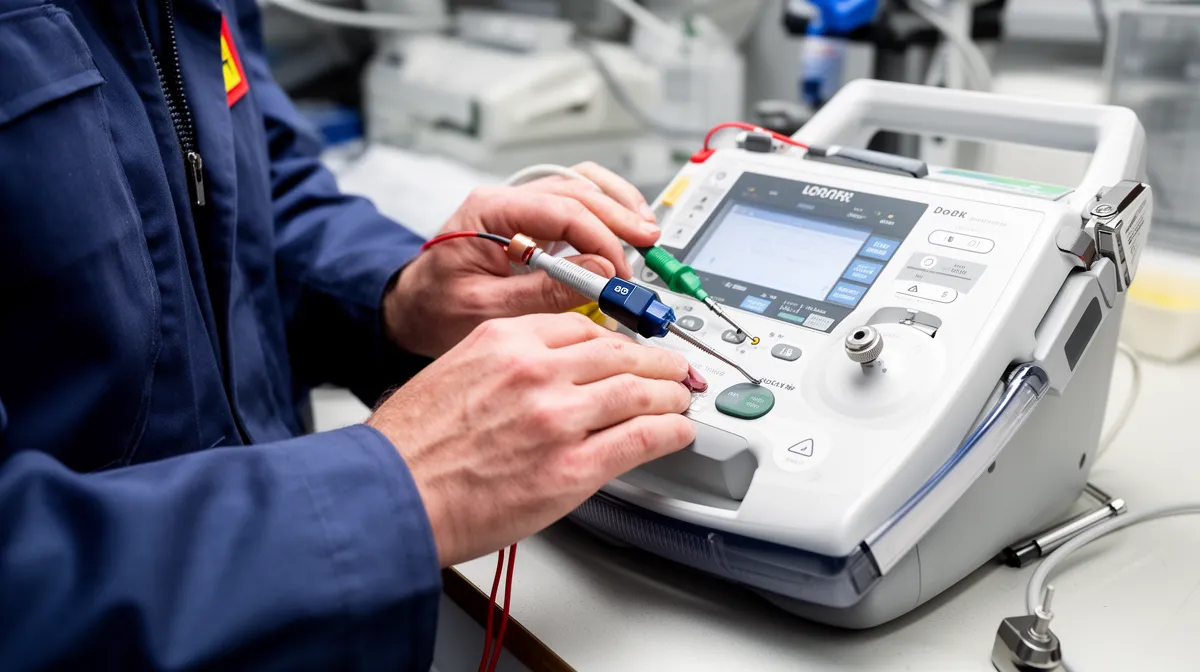 Mains d'un technicien manipulant un équipement médical électronique.
