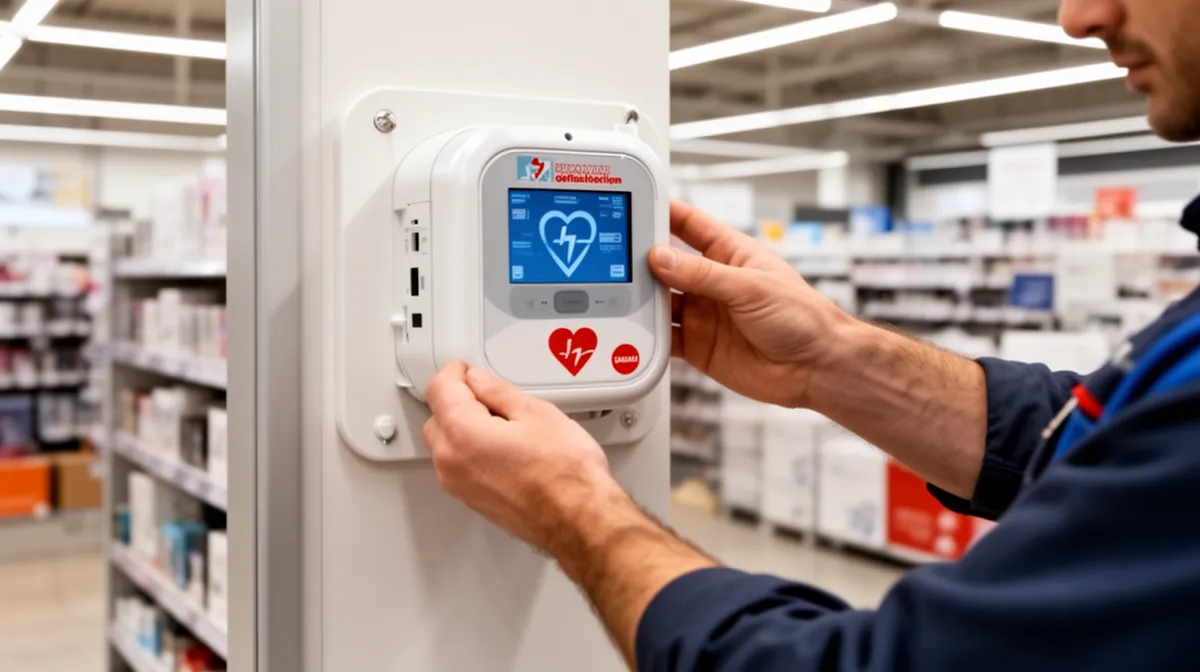 Homme utilisant un défibrillateur automatique externe dans un magasin.