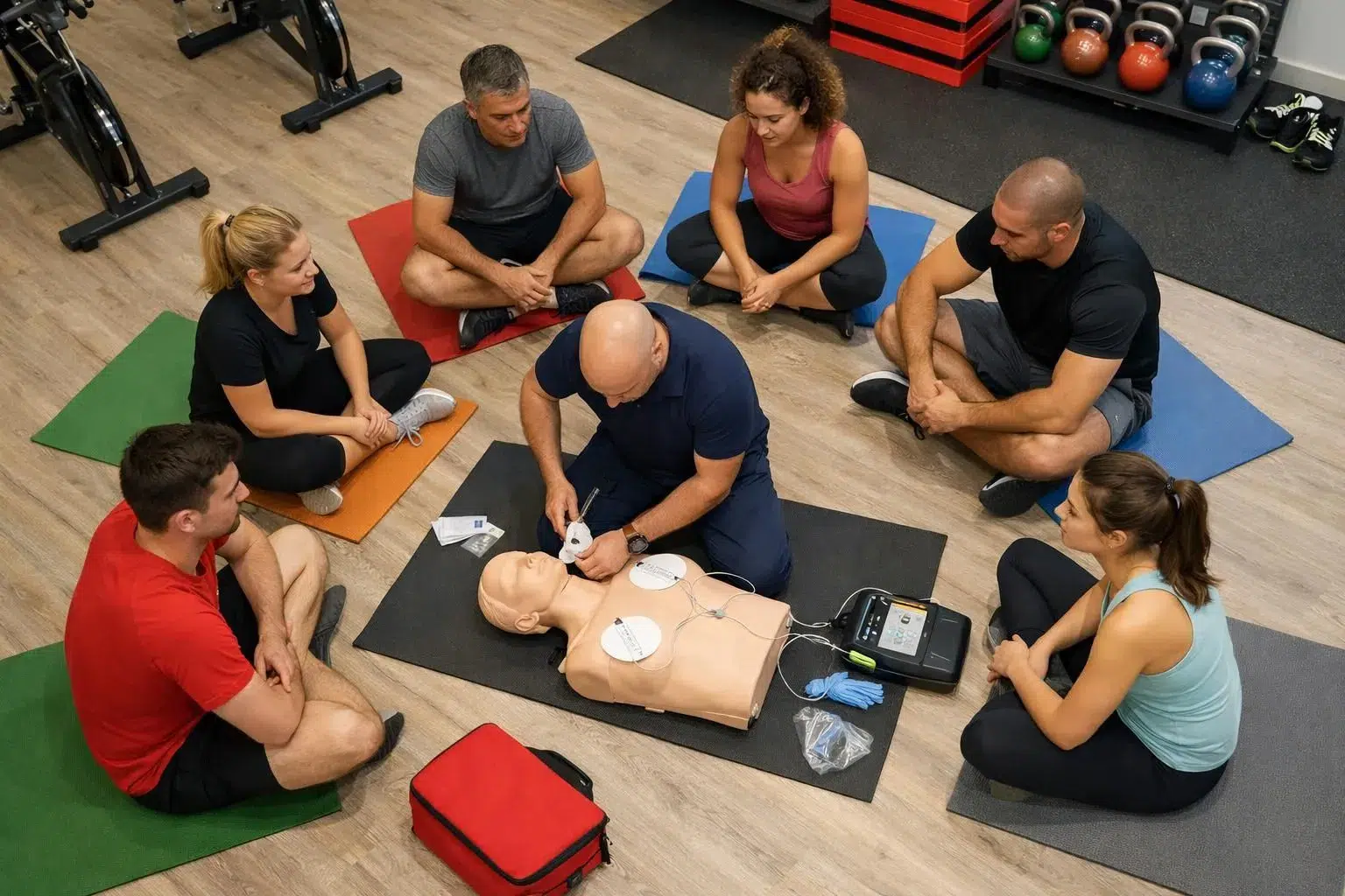 Personnel de salle de sport en formation premiers secours avec formateur professionnel, manipulation d'un défibrillateur sur mannequin de réanimation, environnement sportif moderne à Bordeaux