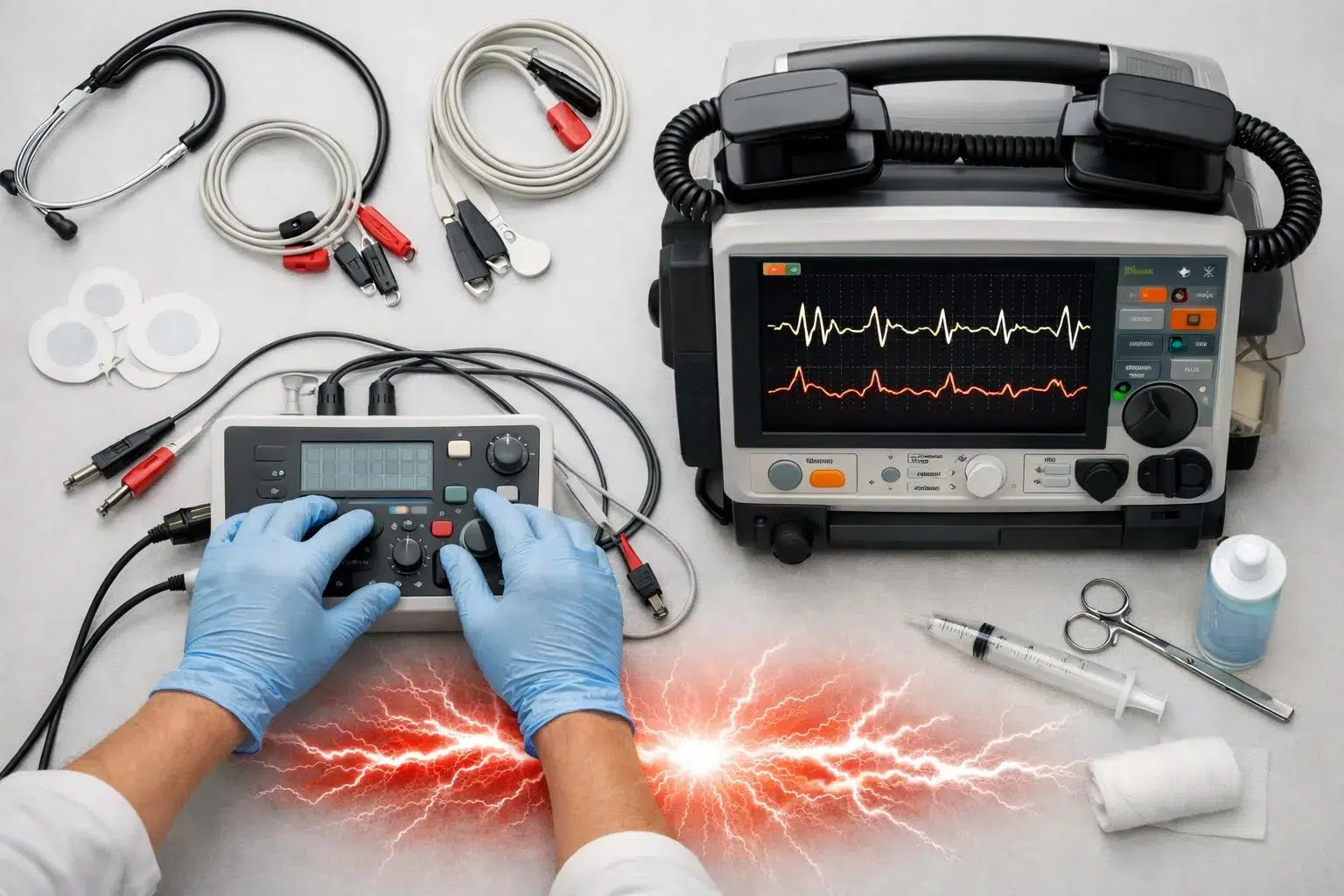 Technicien de maintenance utilisant un simulateur cardiaque pour tester un défibrillateur avec un écran numérique affichant différents rythmes cardiaques dans un environnement médical professionnel.