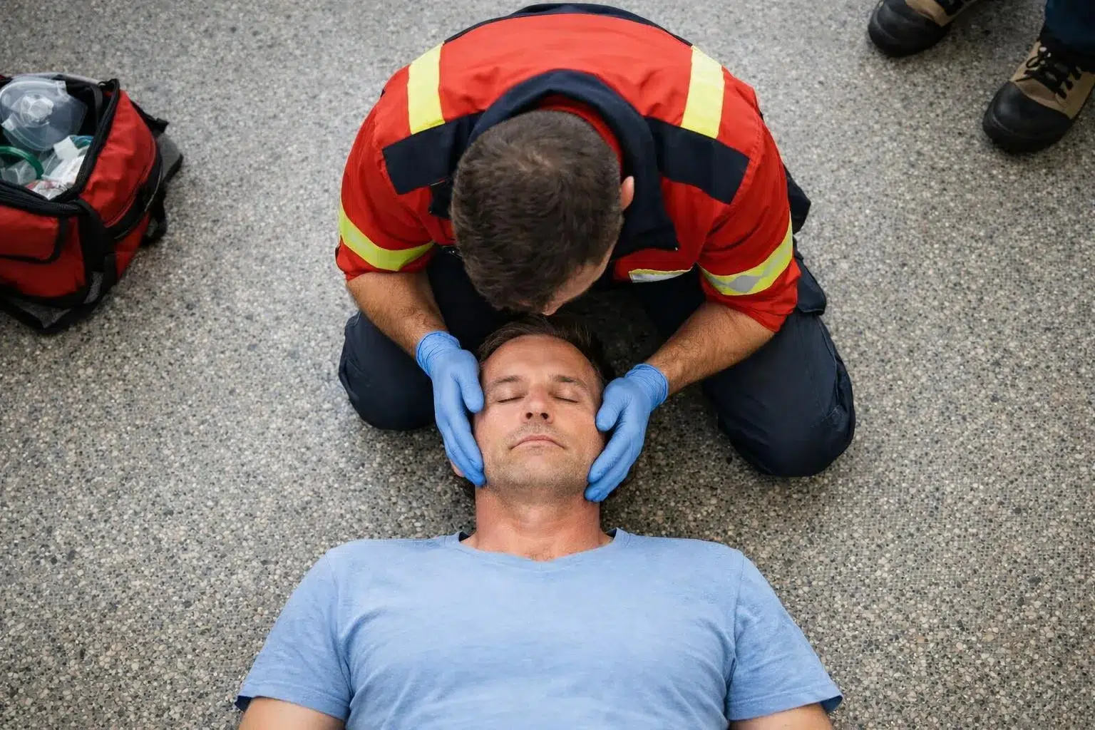 Secouriste à genoux près d'une personne inconsciente allongée sur le sol dur, mains positionnant la tête de la victime avec une manœuvre de relevage du menton, torse complètement exposé et dégagé pour l'intervention, scène d'urgence réaliste.