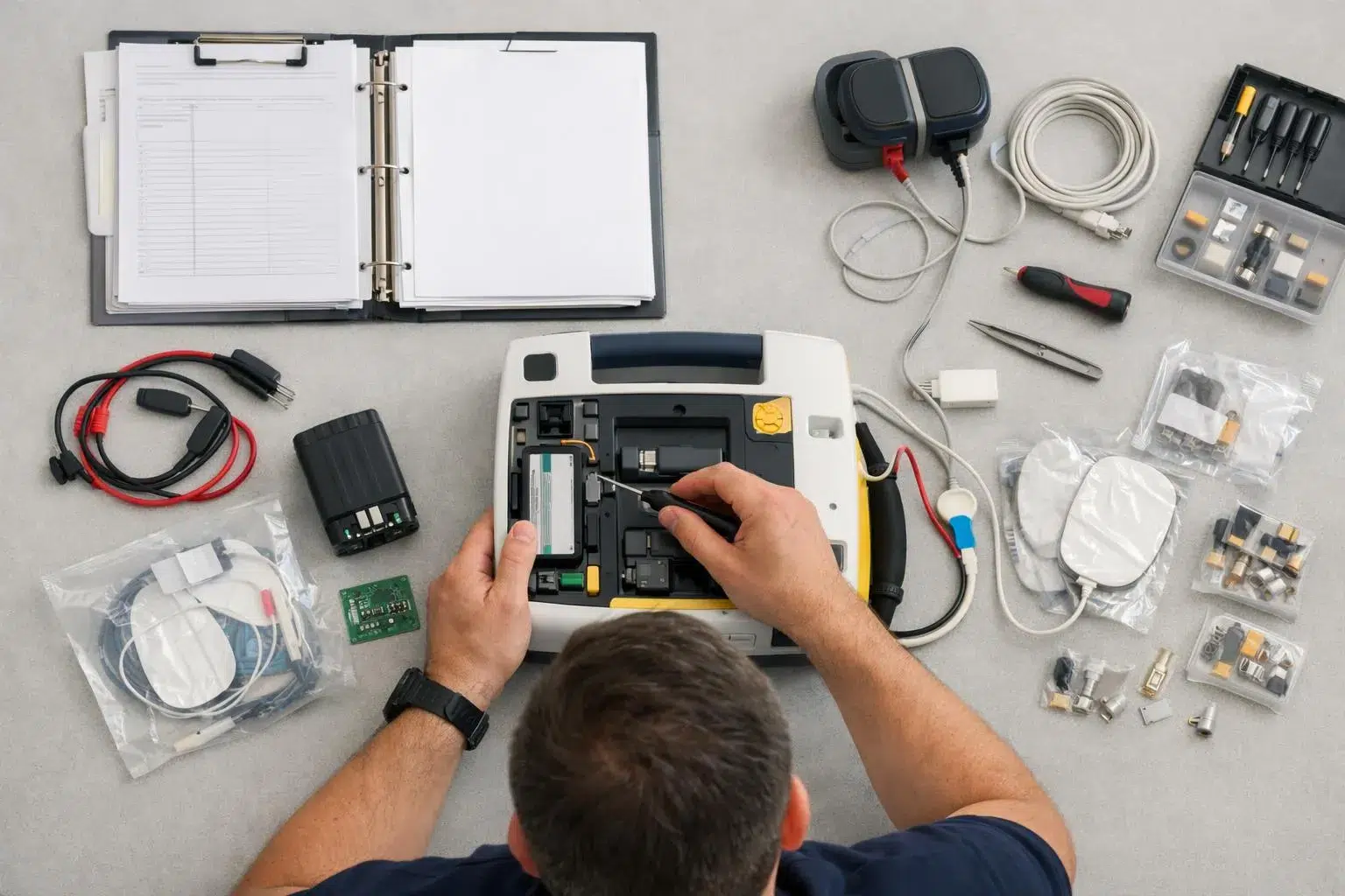 Outils et accessoires électroniques sur une surface grise.