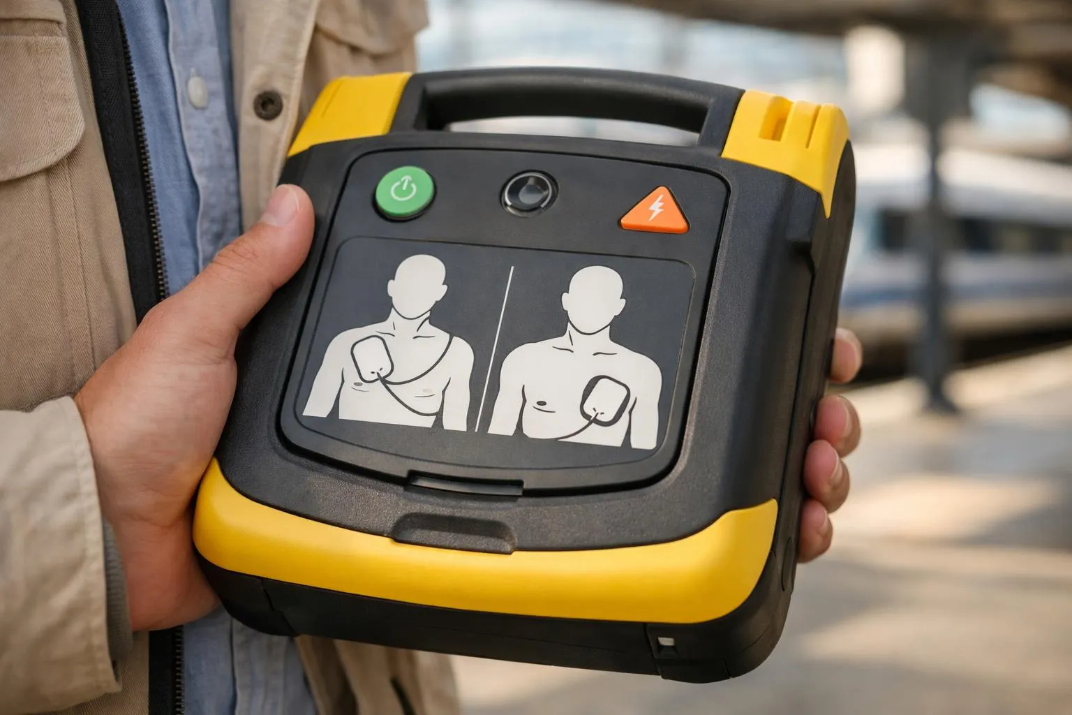 Défibrillateur portable avec icônes de personnes et boutons de contrôle.