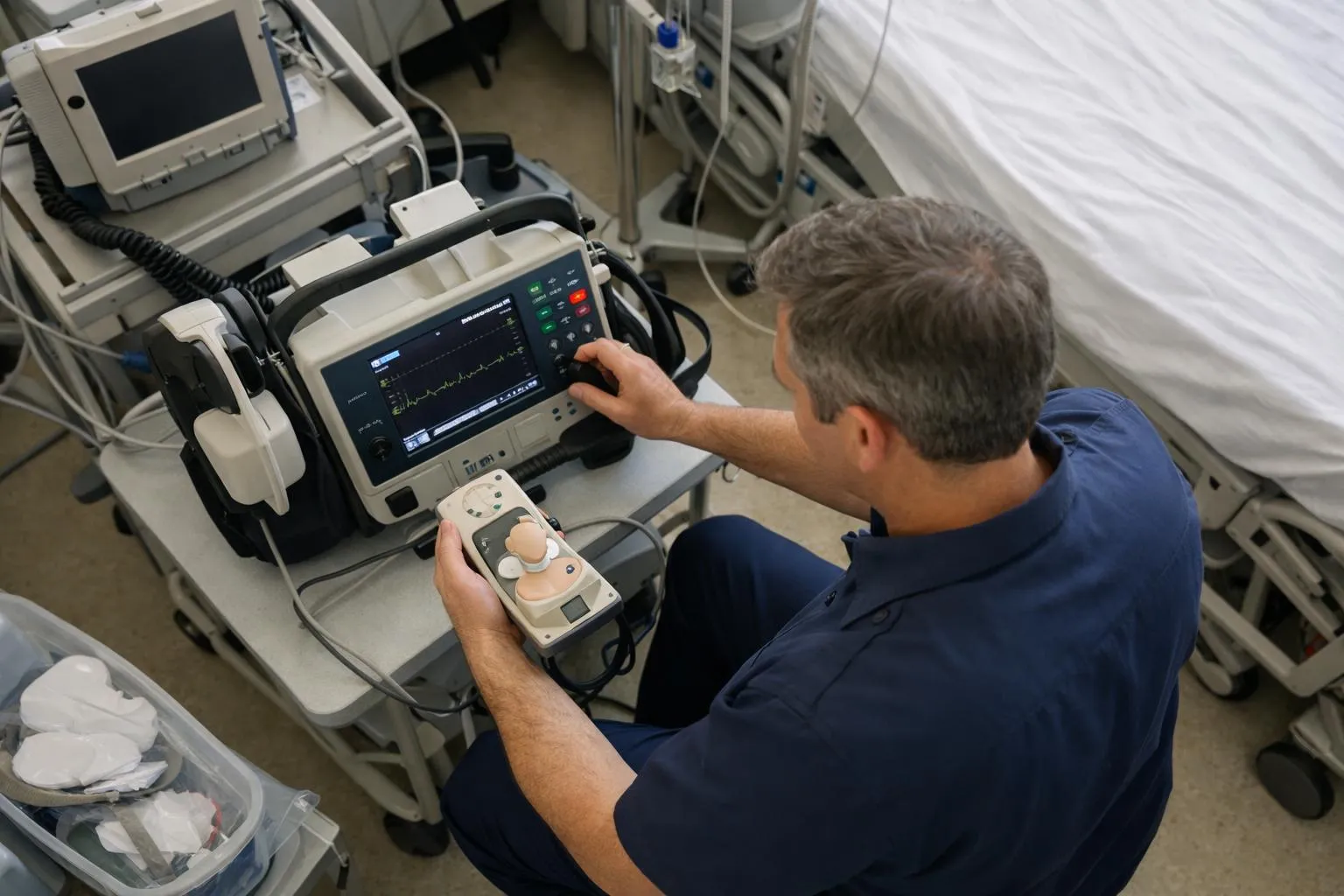 Technicien médical examinant un moniteur de soins intensifs.