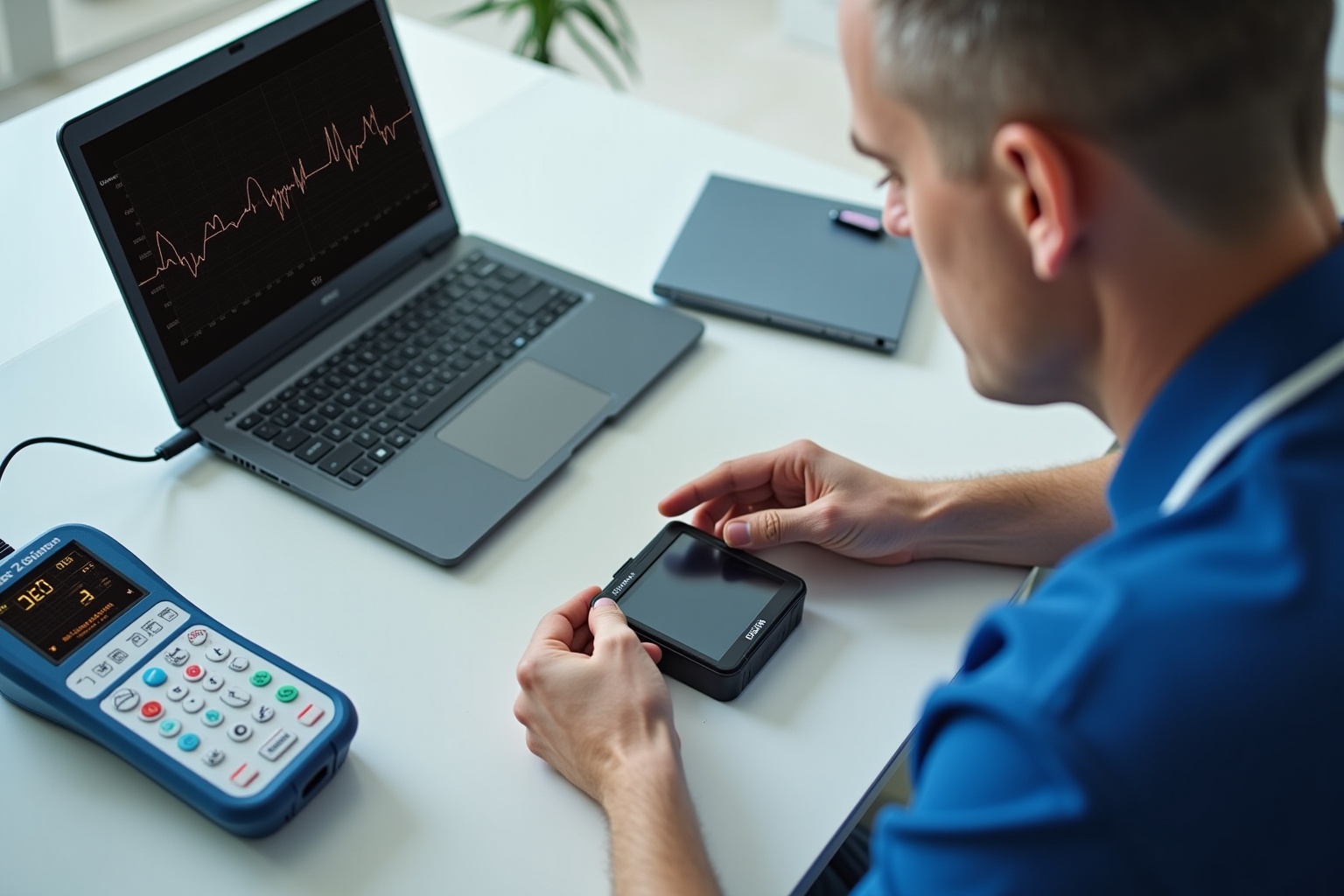 Homme utilisant un ordinateur portable et un terminal de paiement électronique.