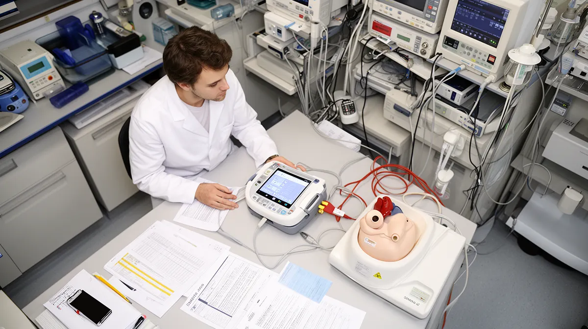 Laboratoire médical avec technicien examinant un appareil électronique.
