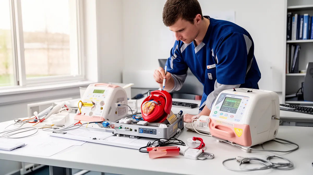 Technicien médical examinant un simulateur cardiaque sur un bureau encombré.