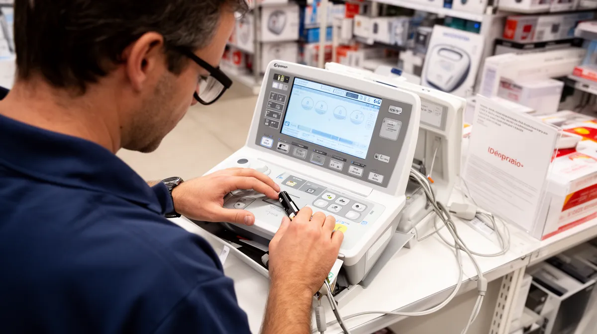 Homme en bleu utilisant un appareil médical électronique dans un magasin.