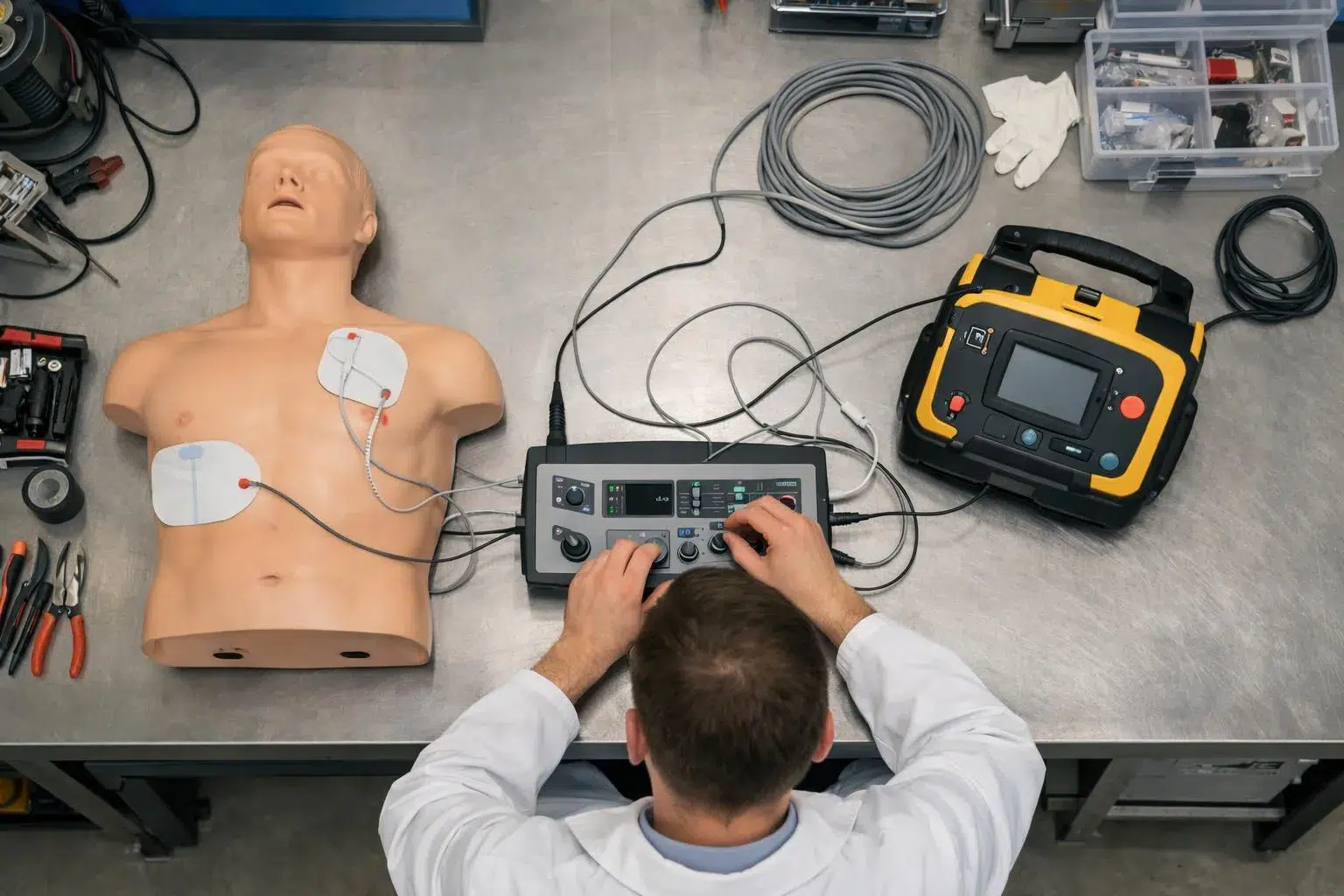 Mannequin médical avec électrodes et équipement de diagnostic médical.