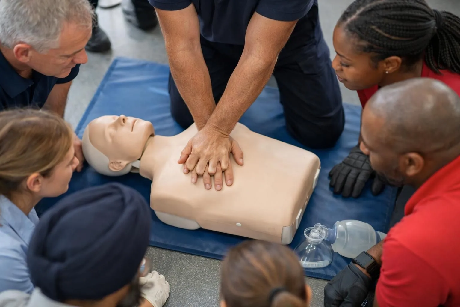 Une équipe de petite entreprise et des employés municipaux participent ensemble à une formation pratique sur les défibrillateurs dans une salle de formation moderne et lumineuse à Bordeaux, l'instructeur démontrant sur un mannequin tandis qu'un groupe diversifié de professionnels observe attentivement.
