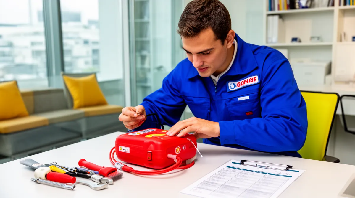 Technicien en uniforme bleu travaillant sur un extincteur rouge dans un bureau.