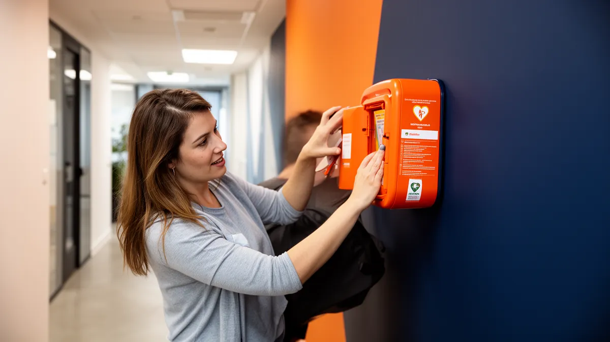 Femme vérifiant un défibrillateur automatique externe dans un couloir.