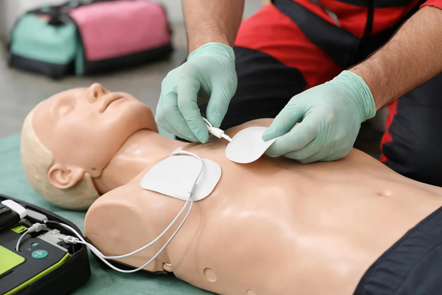 Mannequin de formation aux premiers secours avec électrodes de défibrillation.