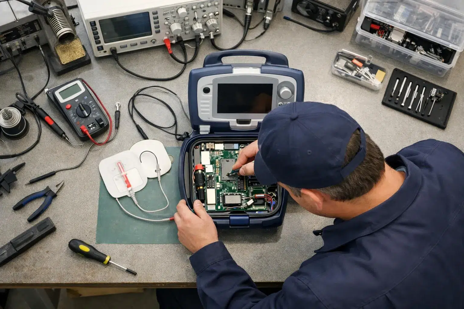 Technicien réparant un équipement électronique sur un établi.