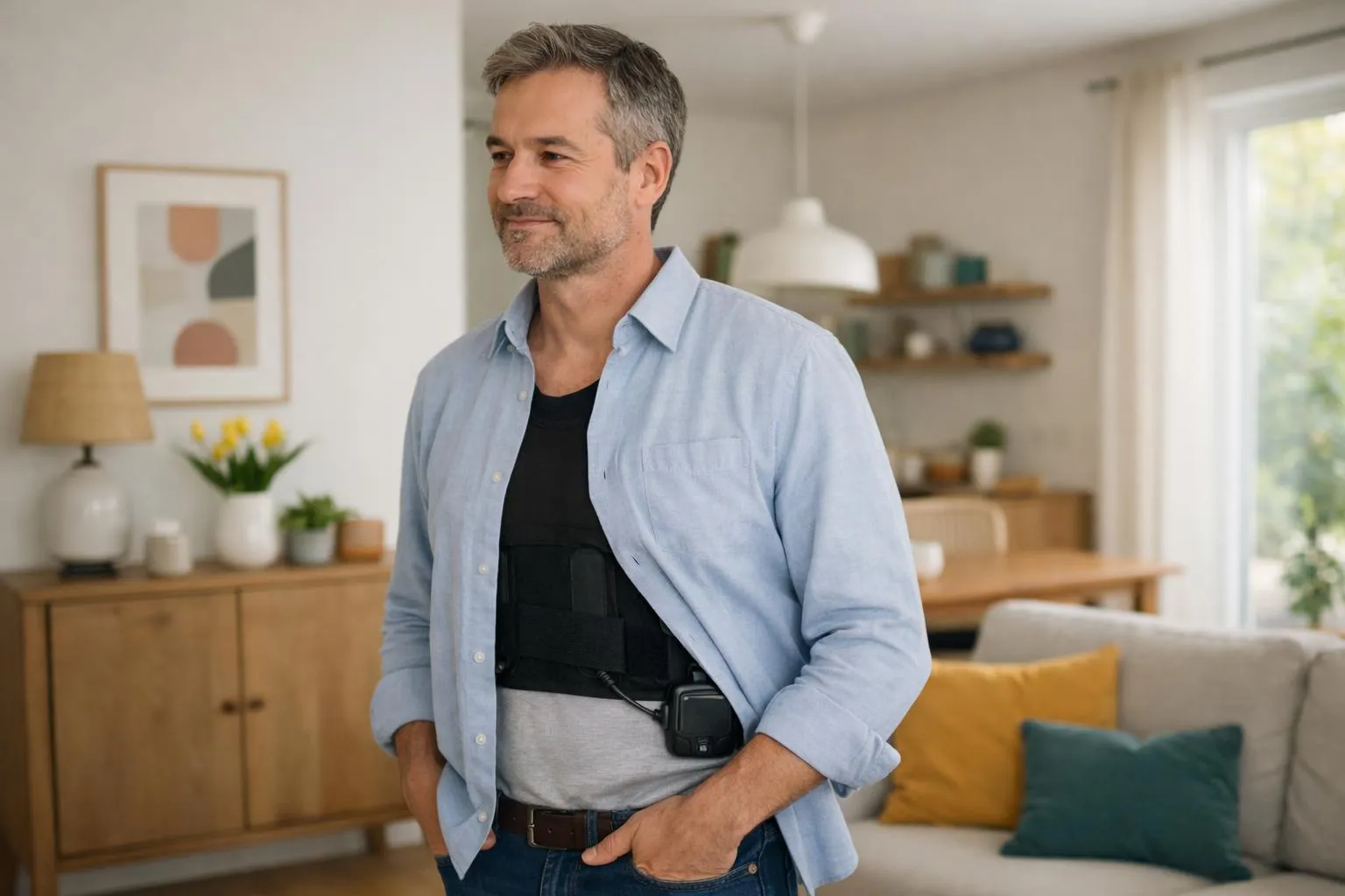 Homme d'âge mûr souriant, vêtu d'une chemise bleue décontractée, dans un intérieur moderne.