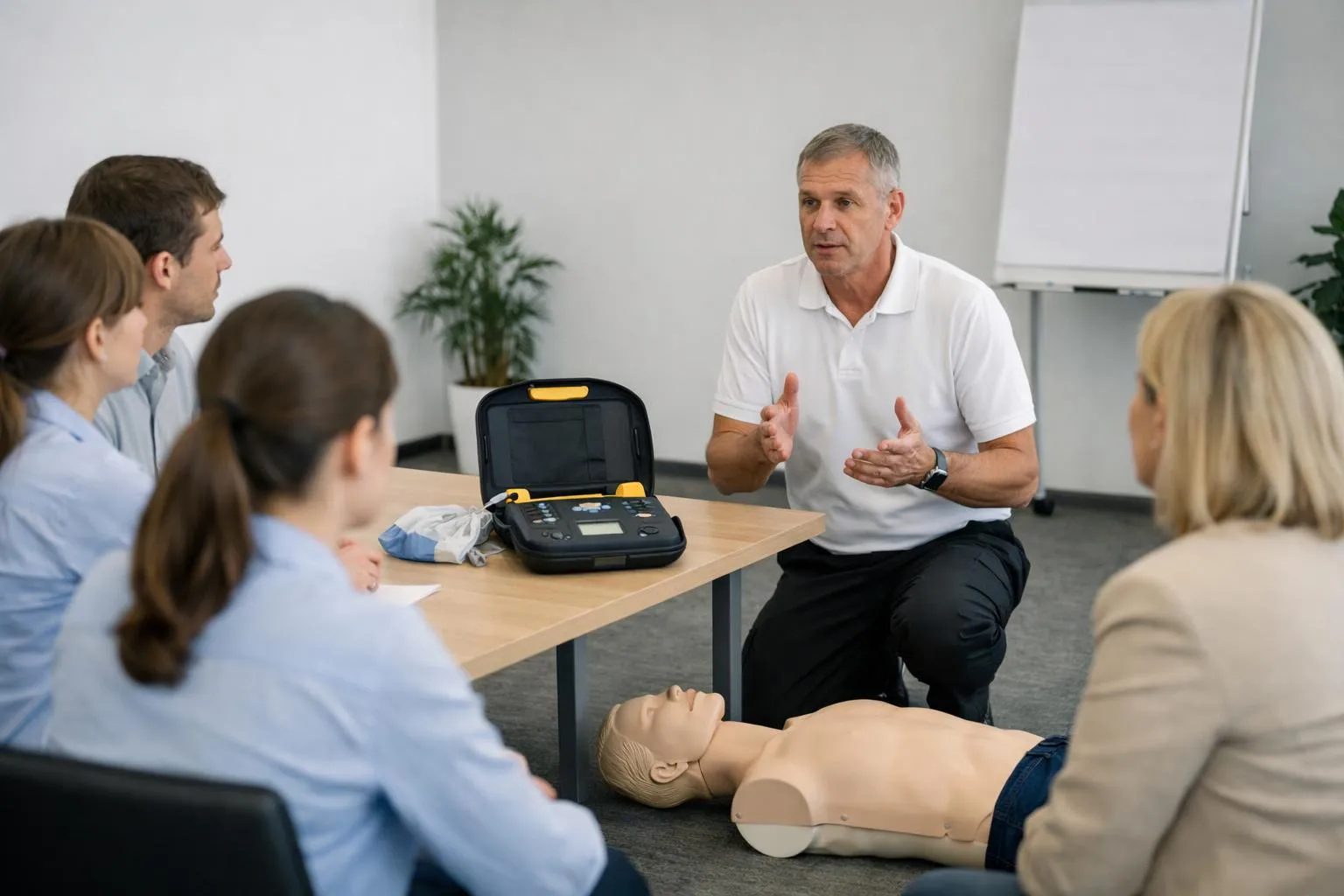 Groupe d'étudiants en formation de secourisme avec un instructeur.