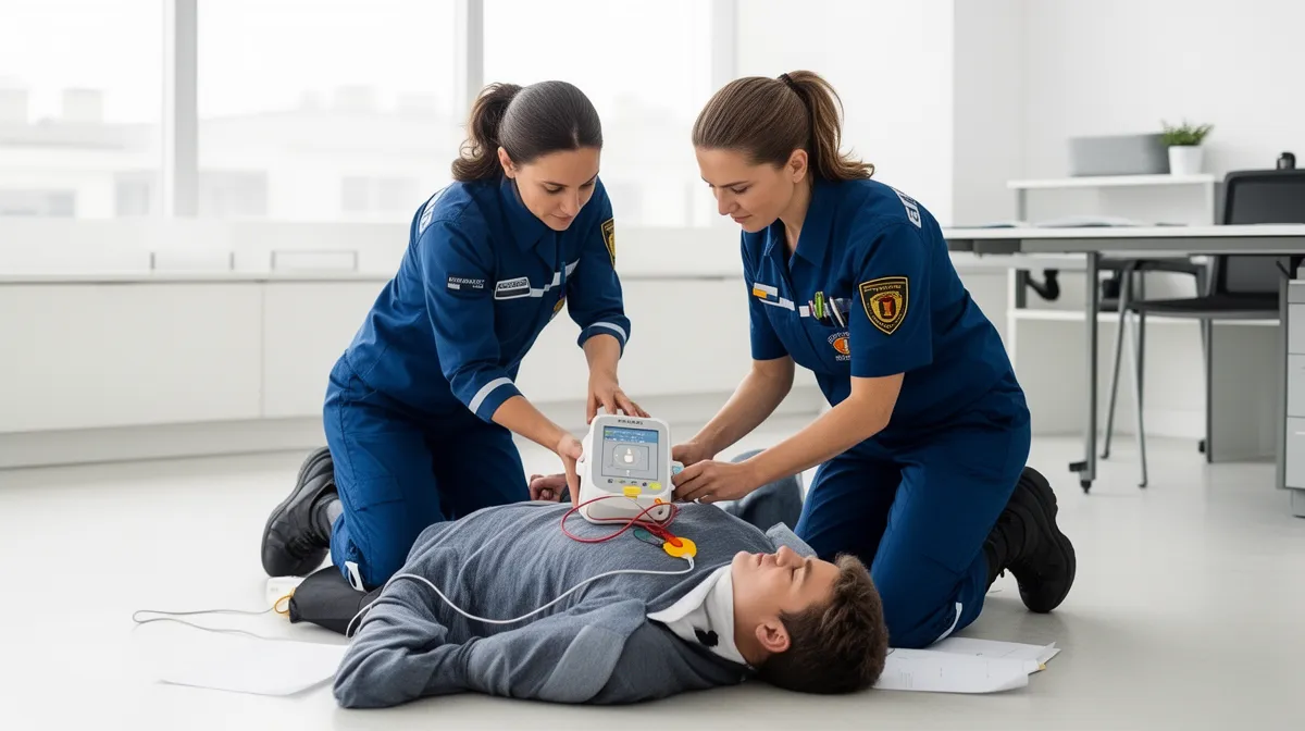 Deux secouristes en uniforme bleu prodiguent des soins à une personne allongée au sol.