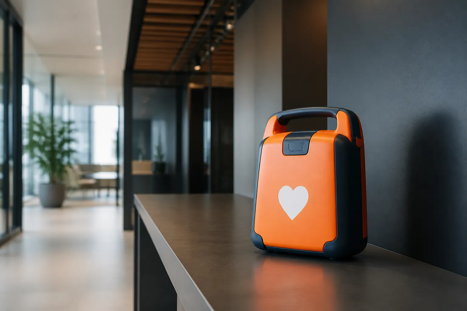 Sac de transport orange avec un cœur blanc, posé sur un comptoir dans un couloir.