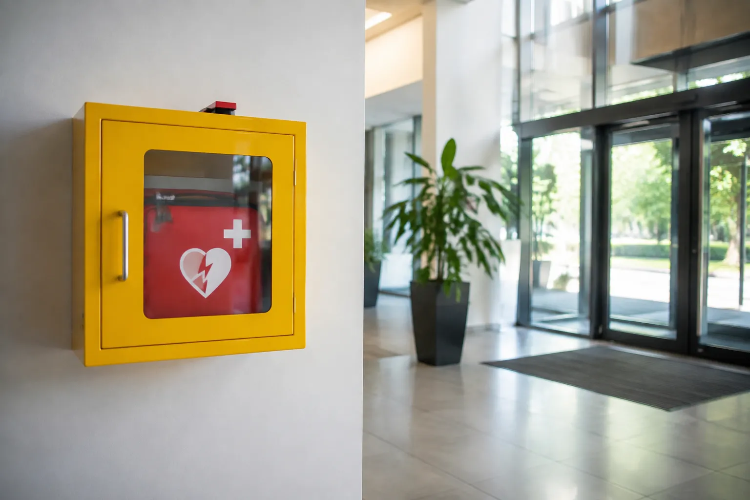 Boîte jaune murale avec un cœur rouge, dans un hall d'entrée avec plantes.