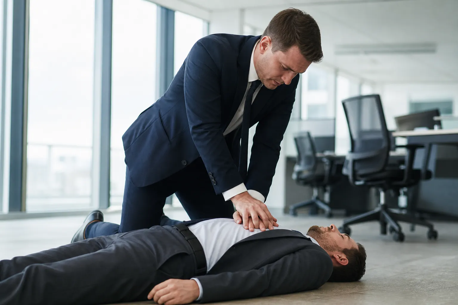 Un homme d'affaires en costume administre les premiers secours à un collègue inconscient au bureau.