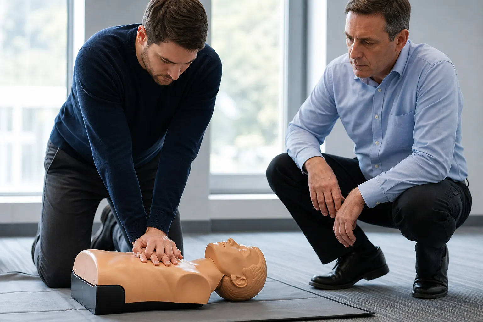 Deux hommes pratiquant les gestes de réanimation cardio-pulmonaire sur un mannequin.