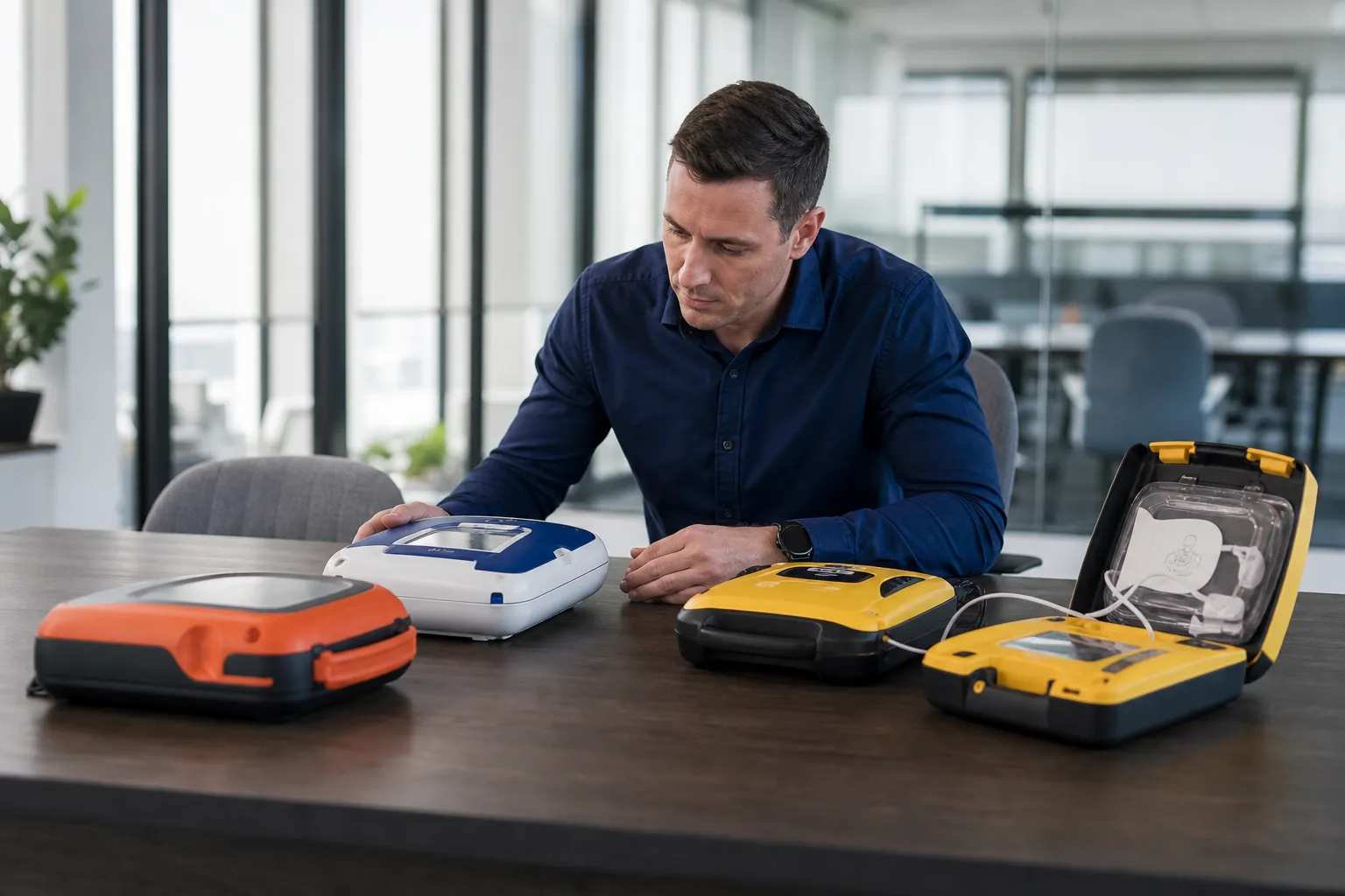 Homme en chemise bleue examinant des équipements électroniques sur un bureau.